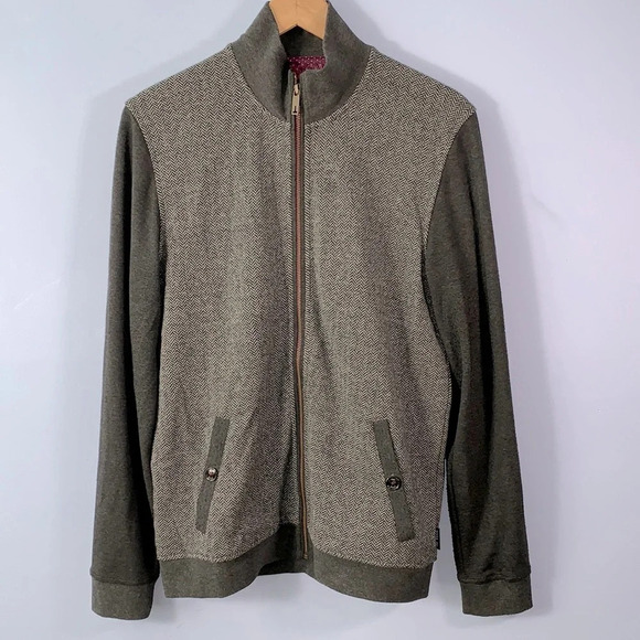 TED BAKER size 3 gray charcoal mens full zip herringbone cardigan mock neck - Picture 1 of 9